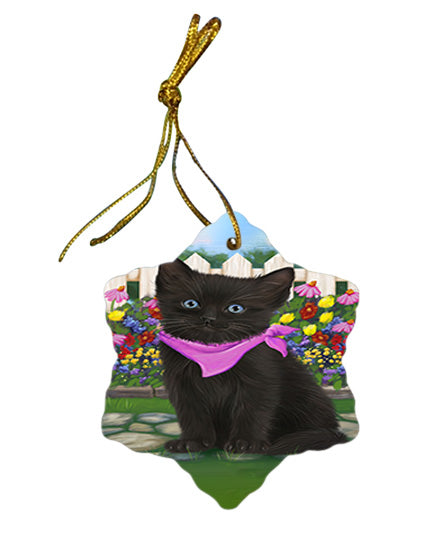 Spring Floral Black Cat Star Porcelain Ornament SPOR52231