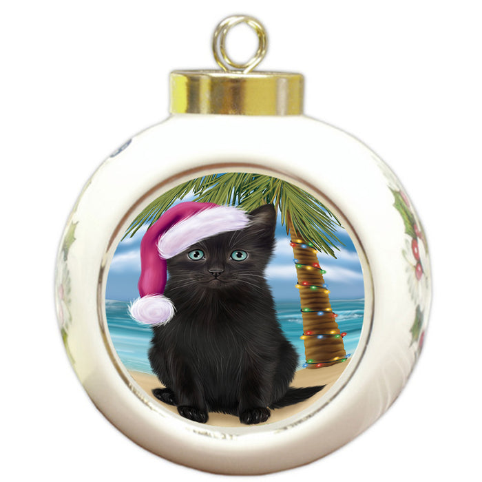 Summertime Happy Holidays Christmas Black Cat on Tropical Island Beach Round Ball Christmas Ornament RBPOR54541