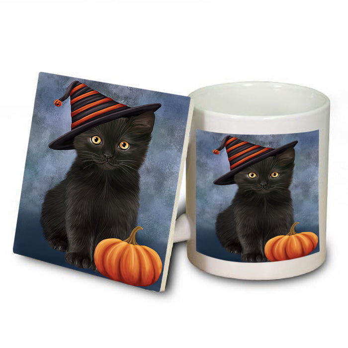 Happy Halloween Black Cat Wearing Witch Hat with Pumpkin Mug and Coaster Set MUC54711