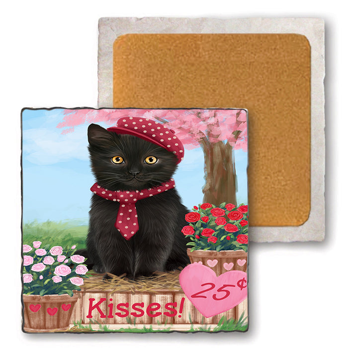 Rosie 25 Cent Kisses Black Cat Set of 4 Natural Stone Marble Tile Coasters MCST50933