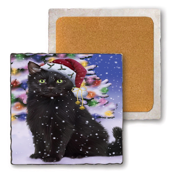 Winterland Wonderland Black Cat In Christmas Holiday Scenic Background Set of 4 Natural Stone Marble Tile Coasters MCST48739