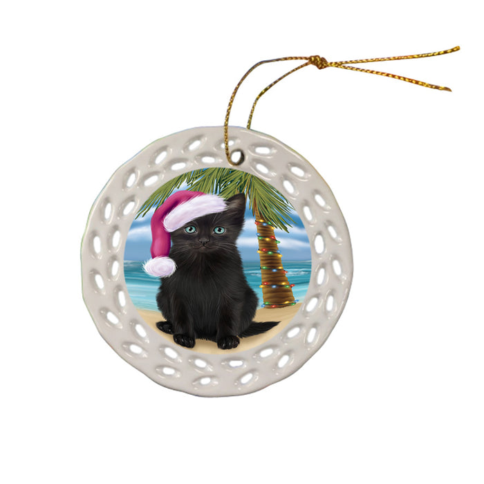 Summertime Happy Holidays Christmas Black Cat on Tropical Island Beach Ceramic Doily Ornament DPOR54541