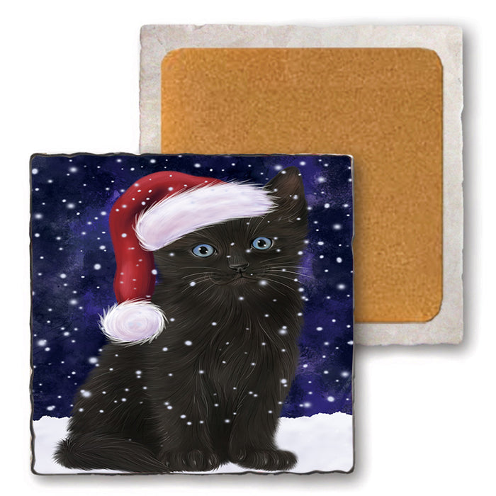Let it Snow Christmas Holiday Black Cat Wearing Santa Hat Set of 4 Natural Stone Marble Tile Coasters MCST49283