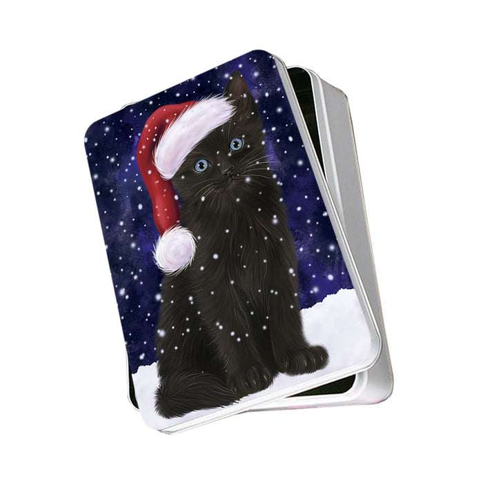 Let it Snow Christmas Holiday Black Cat Wearing Santa Hat Photo Storage Tin PITN54226