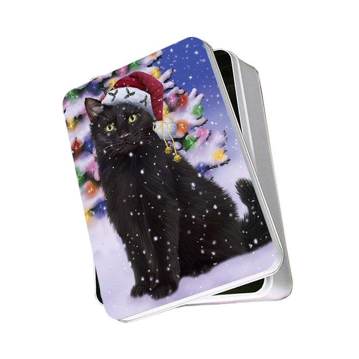 Winterland Wonderland Black Cat In Christmas Holiday Scenic Background Photo Storage Tin PITN53682