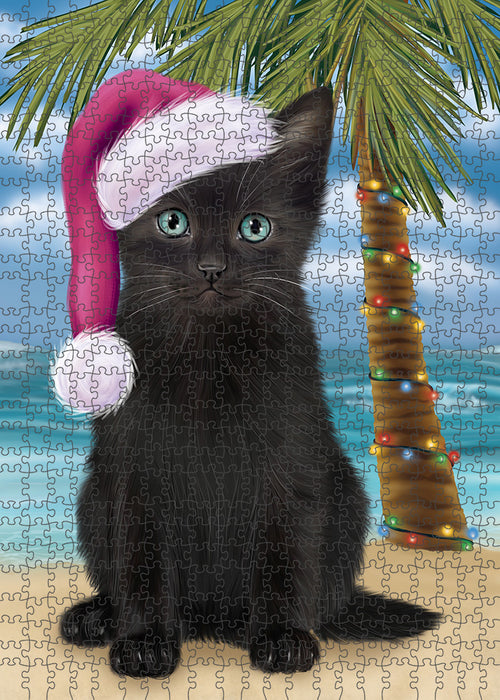 Summertime Happy Holidays Christmas Black Cat on Tropical Island Beach Puzzle with Photo Tin PUZL85320