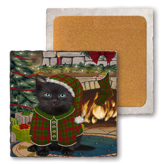 The Stocking was Hung Black Cat Set of 4 Natural Stone Marble Tile Coasters MCST50221