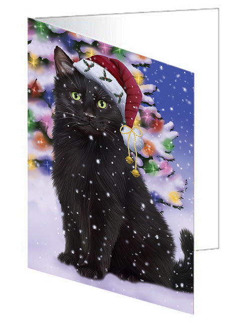Winterland Wonderland Black Cat In Christmas Holiday Scenic Background Handmade Artwork Assorted Pets Greeting Cards and Note Cards with Envelopes for All Occasions and Holiday Seasons GCD65246