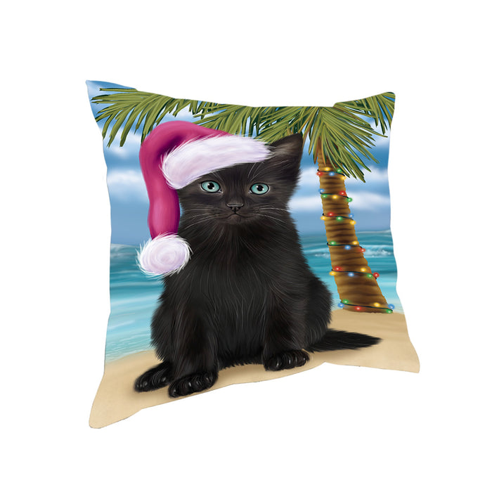 Summertime Happy Holidays Christmas Black Cat on Tropical Island Beach Pillow PIL74788