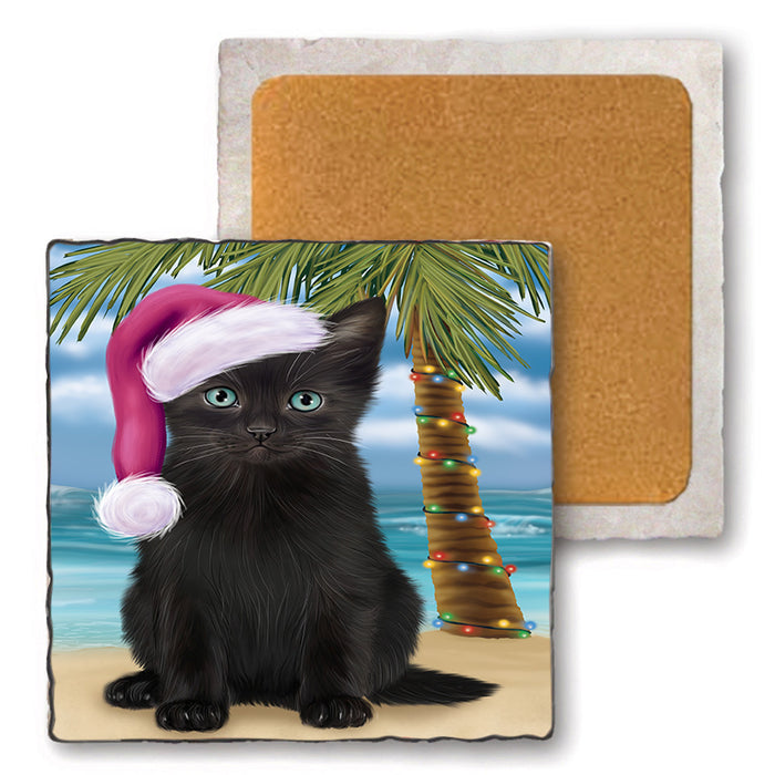 Summertime Happy Holidays Christmas Black Cat on Tropical Island Beach Set of 4 Natural Stone Marble Tile Coasters MCST49413