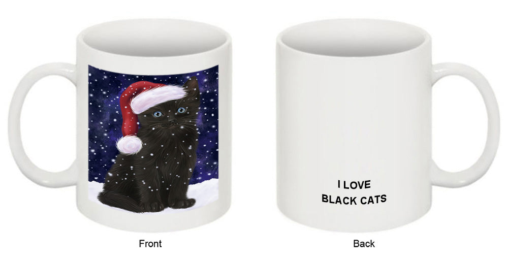 Let it Snow Christmas Holiday Black Cat Wearing Santa Hat Coffee Mug MUG49681