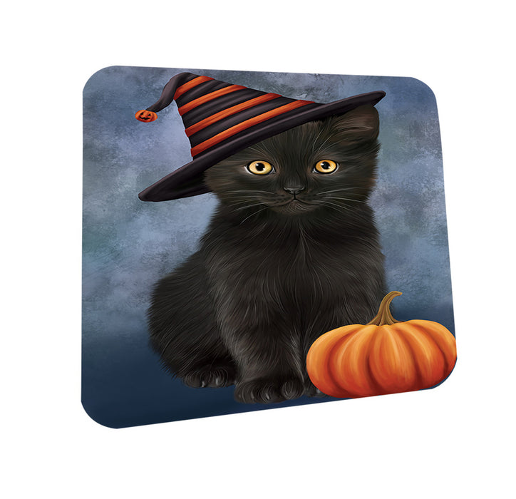 Happy Halloween Black Cat Wearing Witch Hat with Pumpkin Coasters Set of 4 CST54677