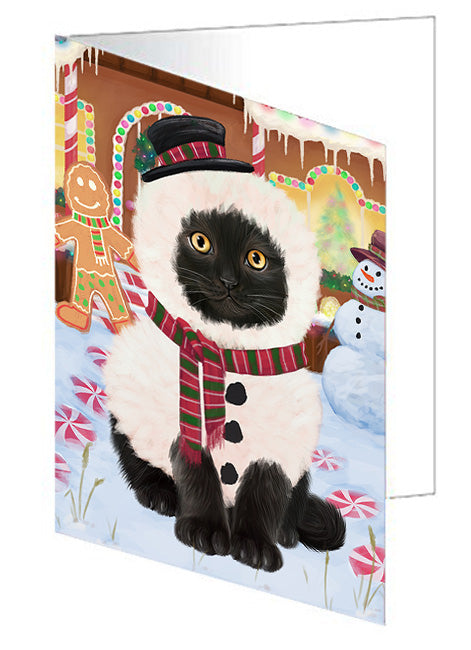 Christmas Gingerbread House Candyfest Black Cat Handmade Artwork Assorted Pets Greeting Cards and Note Cards with Envelopes for All Occasions and Holiday Seasons GCD73091