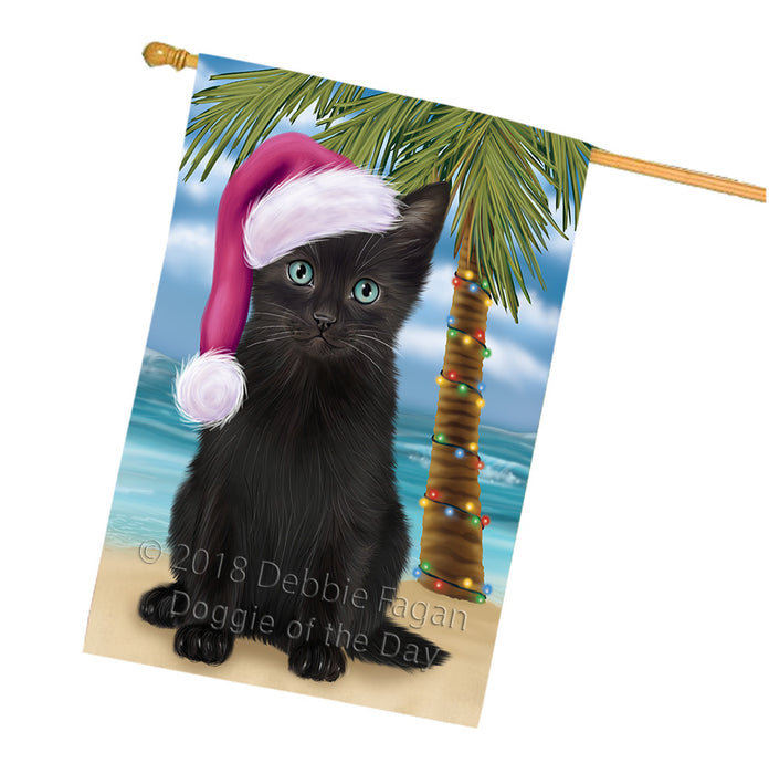 Summertime Happy Holidays Christmas Black Cat on Tropical Island Beach House Flag FLG54739