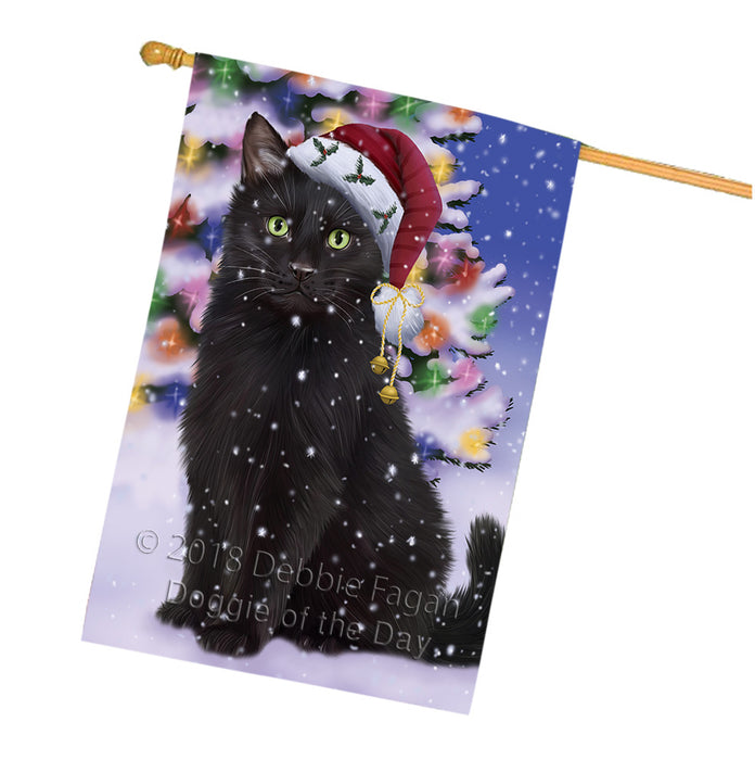 Winterland Wonderland Black Cat In Christmas Holiday Scenic Background House Flag FLG53937