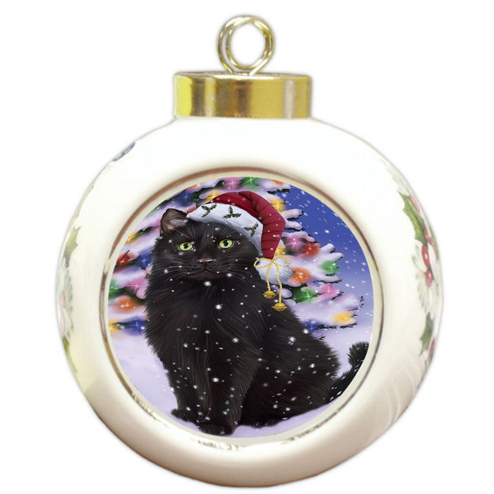 Winterland Wonderland Black Cat In Christmas Holiday Scenic Background Round Ball Christmas Ornament RBPOR53739