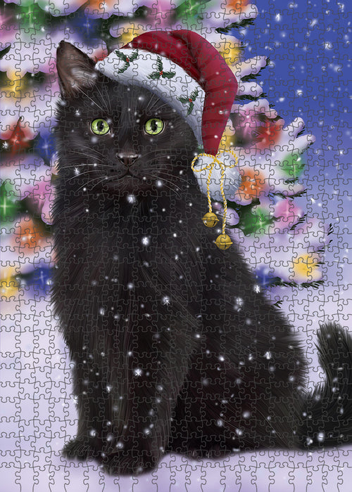 Winterland Wonderland Black Cat In Christmas Holiday Scenic Background Puzzle with Photo Tin PUZL82112