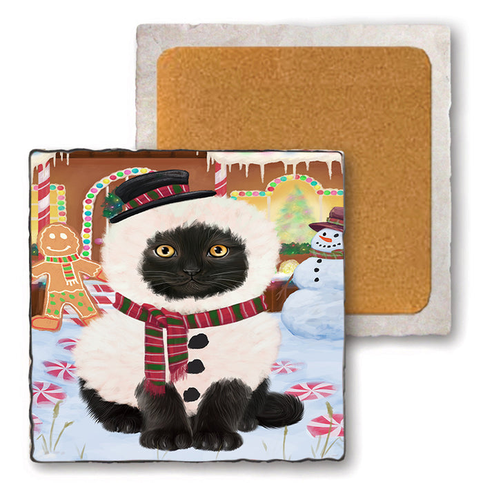 Christmas Gingerbread House Candyfest Black Cat Set of 4 Natural Stone Marble Tile Coasters MCST51192