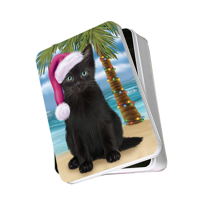 Summertime Happy Holidays Christmas Black Cat on Tropical Island Beach Photo Storage Tin PITN54356