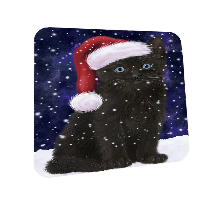 Let it Snow Christmas Holiday Black Cat Wearing Santa Hat Coasters Set of 4 CST54241