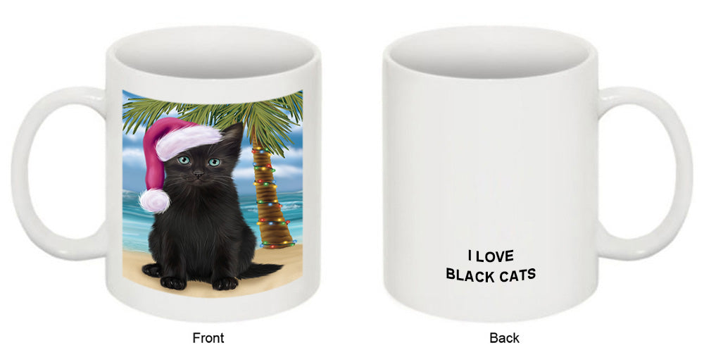 Summertime Happy Holidays Christmas Black Cat on Tropical Island Beach Coffee Mug MUG49811