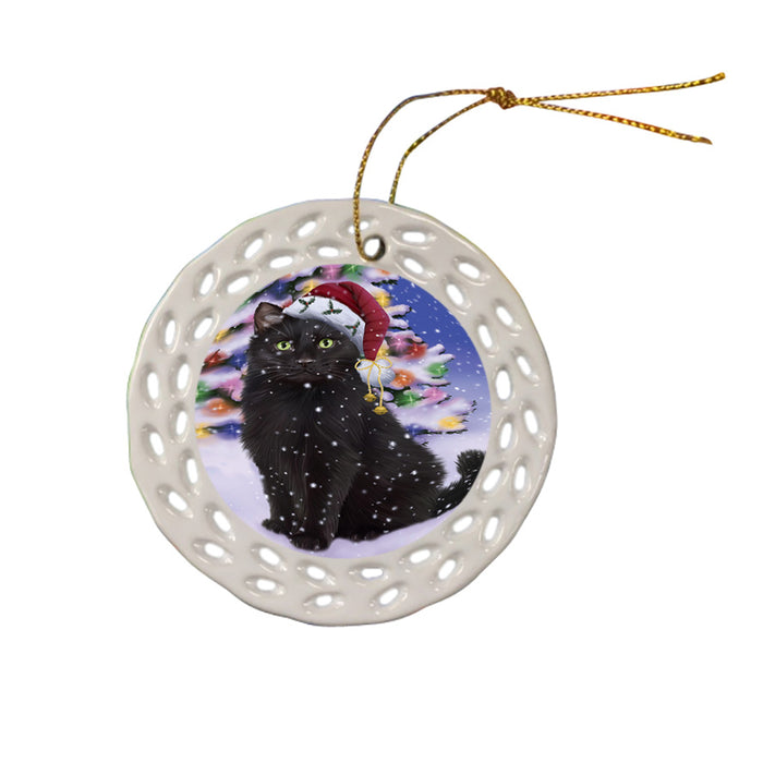 Winterland Wonderland Black Cat In Christmas Holiday Scenic Background Ceramic Doily Ornament DPOR53739