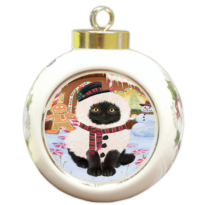 Christmas Gingerbread House Candyfest Black Cat Round Ball Christmas Ornament RBPOR56548