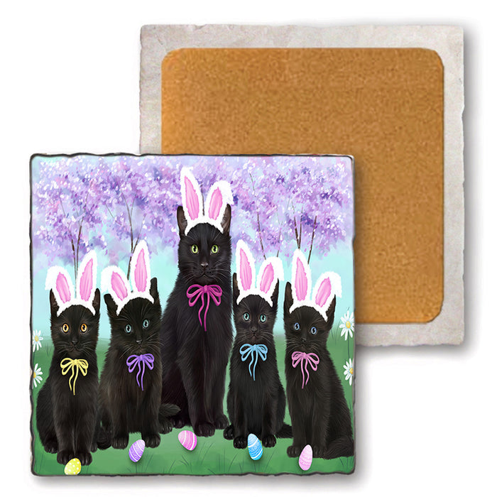 Easter Holiday Black Cats Set of 4 Natural Stone Marble Tile Coasters MCST51882