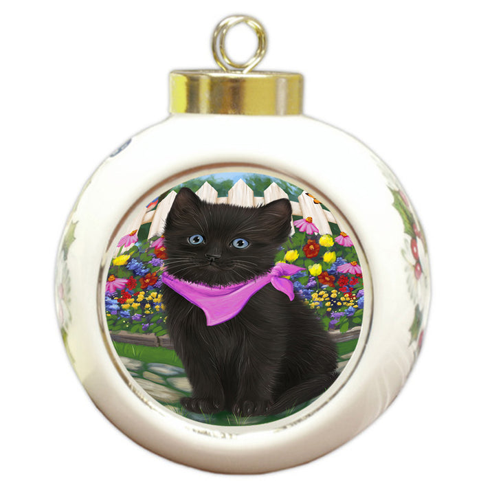 Spring Floral Black Cat Round Ball Christmas Ornament RBPOR52240