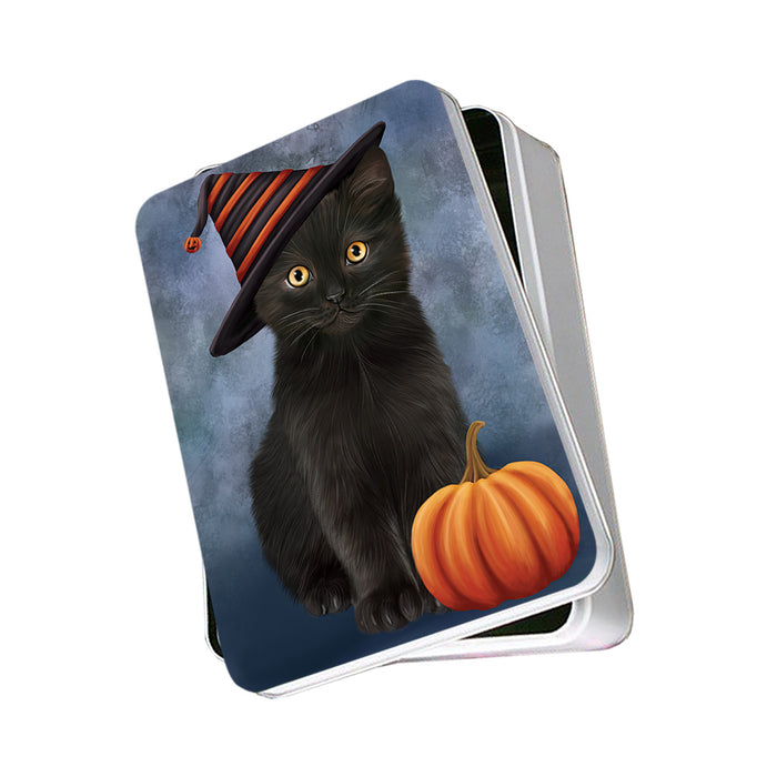 Happy Halloween Black Cat Wearing Witch Hat with Pumpkin Photo Storage Tin PITN54662