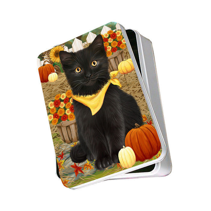 Fall Autumn Greeting Black Cat with Pumpkins Photo Storage Tin PITN52311