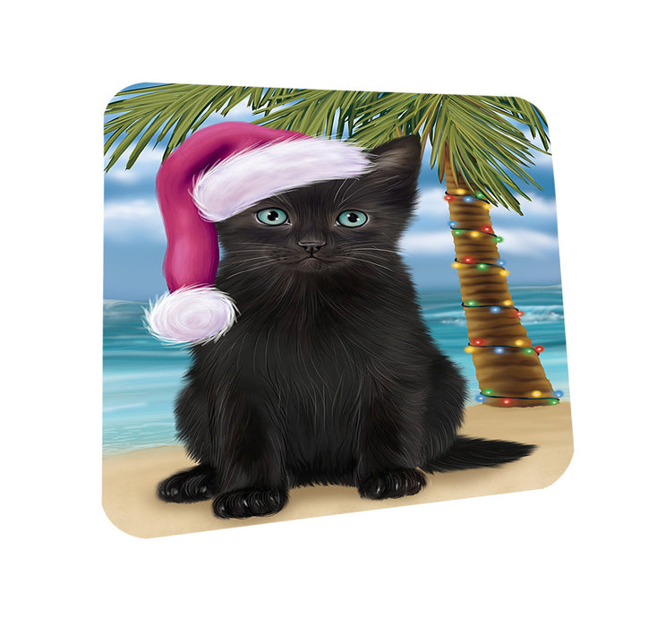Summertime Happy Holidays Christmas Black Cat on Tropical Island Beach Coasters Set of 4 CST54371
