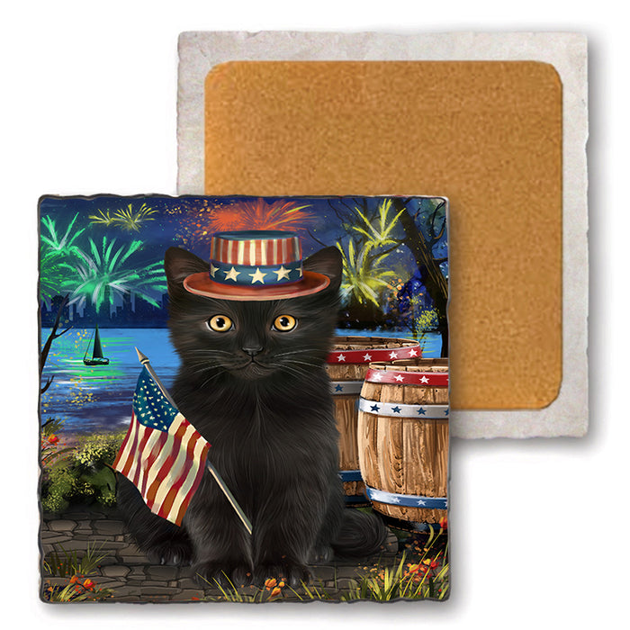 4th of July Independence Day Firework Black Cat Set of 4 Natural Stone Marble Tile Coasters MCST49038