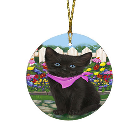 Spring Floral Black Cat Round Flat Christmas Ornament RFPOR52231