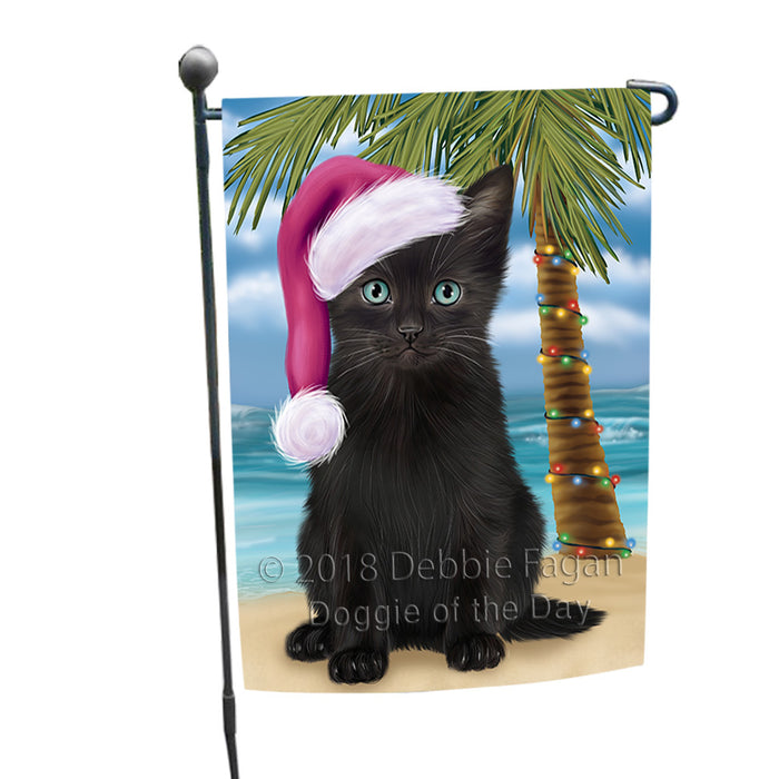 Summertime Happy Holidays Christmas Black Cat on Tropical Island Beach Garden Flag GFLG54603