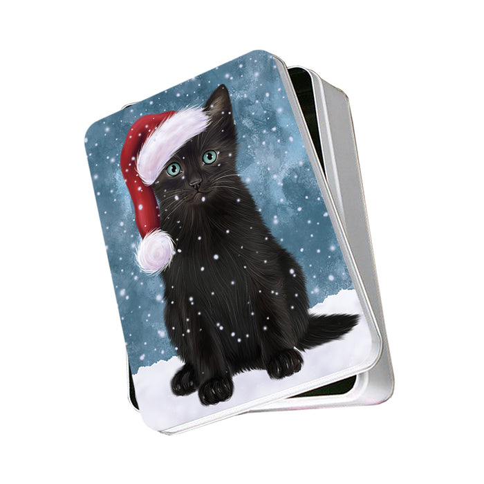 Let it Snow Christmas Holiday Black Cat Wearing Santa Hat Photo Storage Tin PITN54227