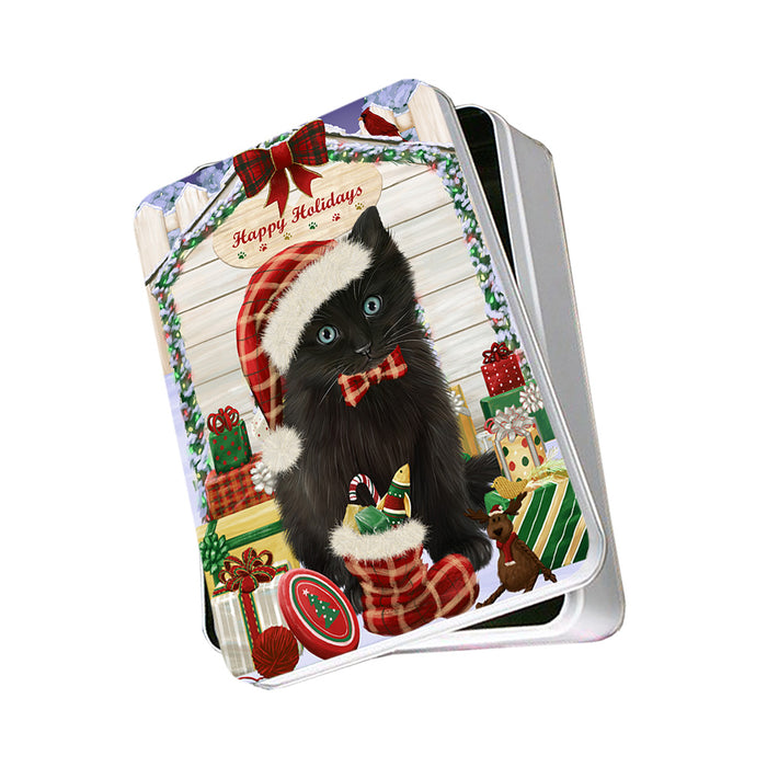 Happy Holidays Christmas Black Cat With Presents Photo Storage Tin PITN52640