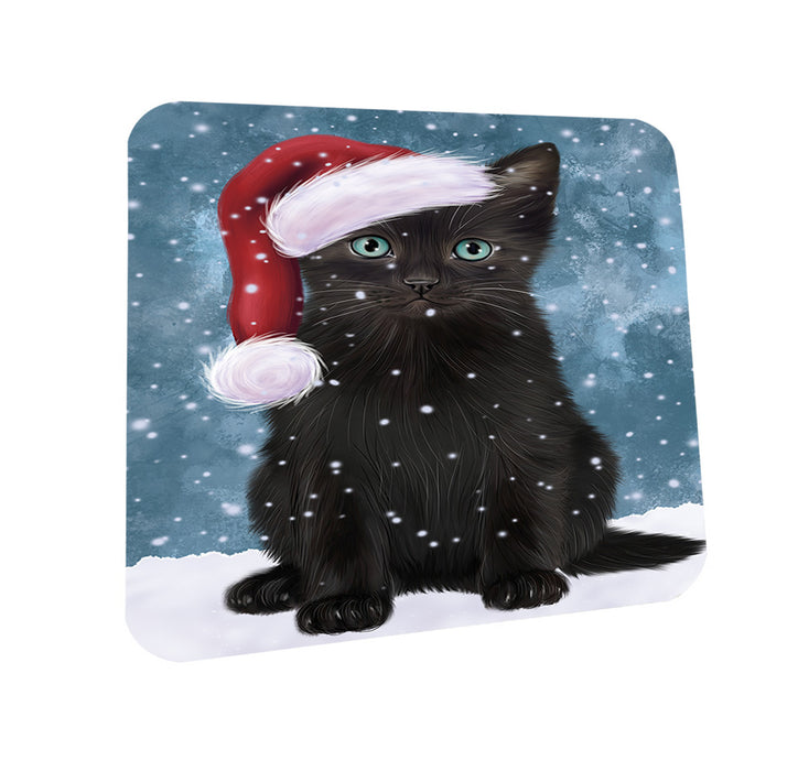 Let it Snow Christmas Holiday Black Cat Wearing Santa Hat Coasters Set of 4 CST54242
