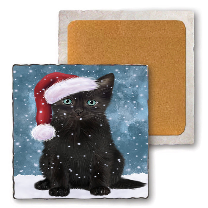 Let it Snow Christmas Holiday Black Cat Wearing Santa Hat Set of 4 Natural Stone Marble Tile Coasters MCST49284