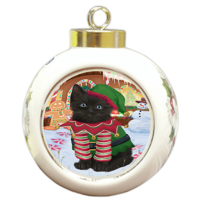 Christmas Gingerbread House Candyfest Black Cat Round Ball Christmas Ornament RBPOR56549
