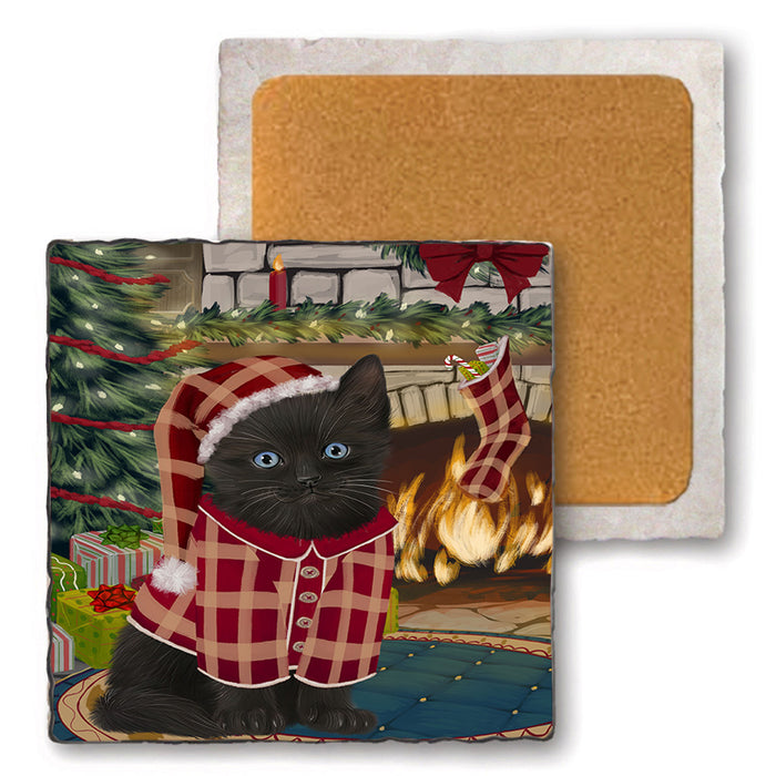 The Stocking was Hung Black Cat Set of 4 Natural Stone Marble Tile Coasters MCST50222