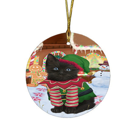 Christmas Gingerbread House Candyfest Black Cat Round Flat Christmas Ornament RFPOR56549