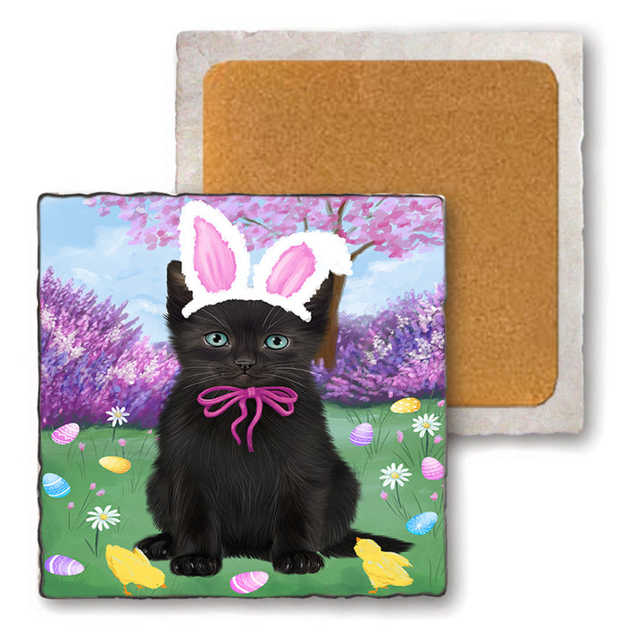Easter Holiday Black Cat Set of 4 Natural Stone Marble Tile Coasters MCST51883
