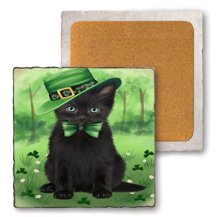 St. Patricks Day Irish Portrait Black Cat Set of 4 Natural Stone Marble Tile Coasters MCST51987