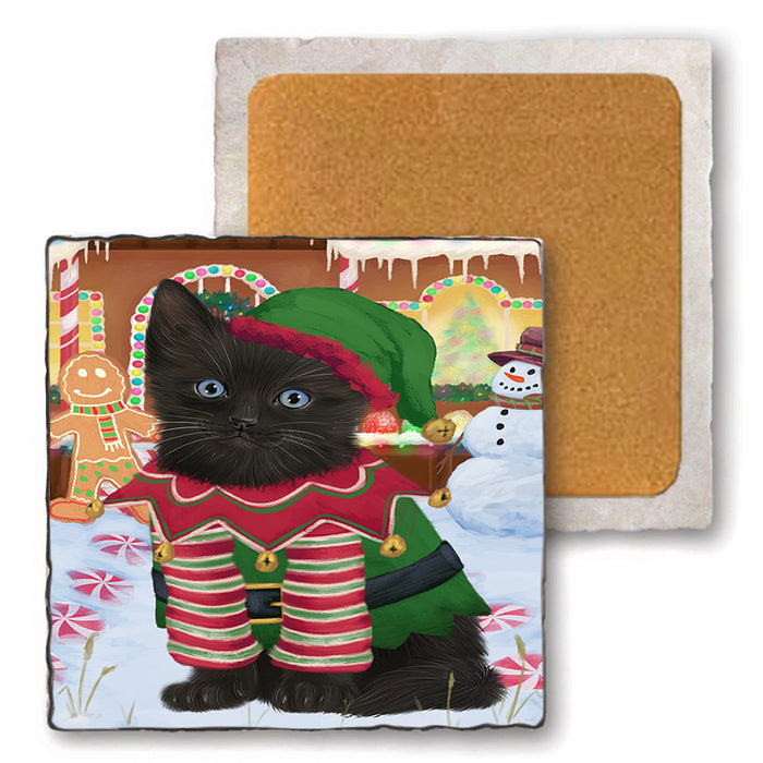 Christmas Gingerbread House Candyfest Black Cat Set of 4 Natural Stone Marble Tile Coasters MCST51193