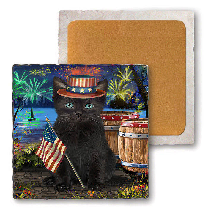 4th of July Independence Day Firework Black Cat Set of 4 Natural Stone Marble Tile Coasters MCST49039