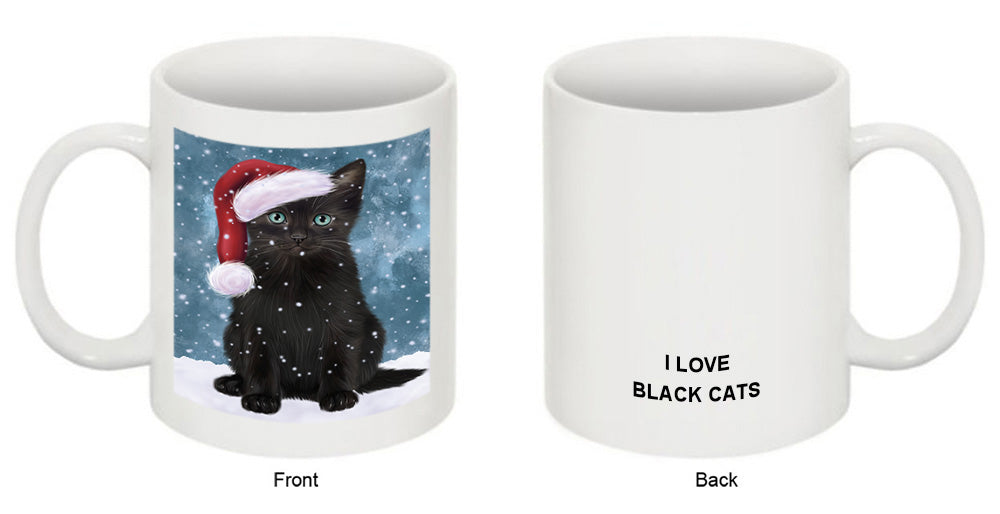 Let it Snow Christmas Holiday Black Cat Wearing Santa Hat Coffee Mug MUG49682