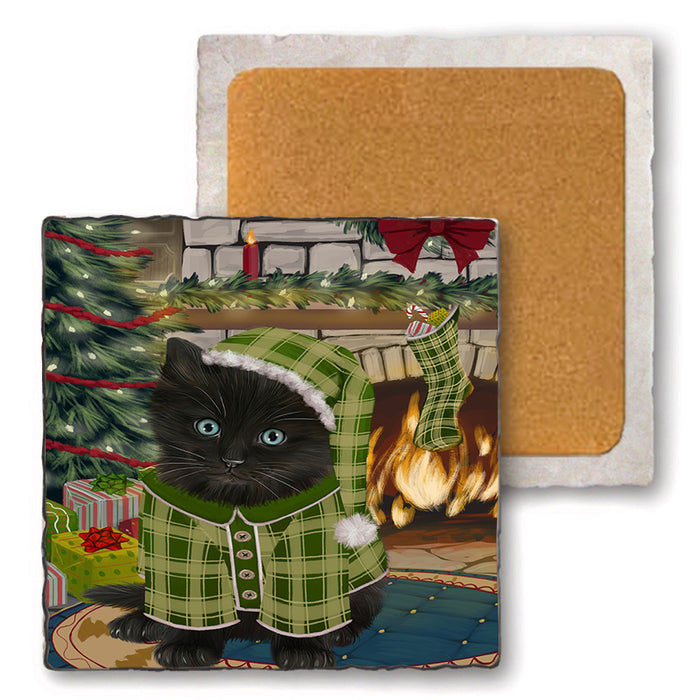 The Stocking was Hung Black Cat Set of 4 Natural Stone Marble Tile Coasters MCST50223