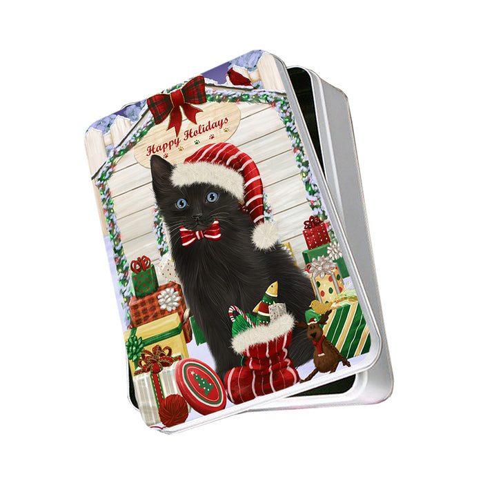 Happy Holidays Christmas Black Cat With Presents Photo Storage Tin PITN52641