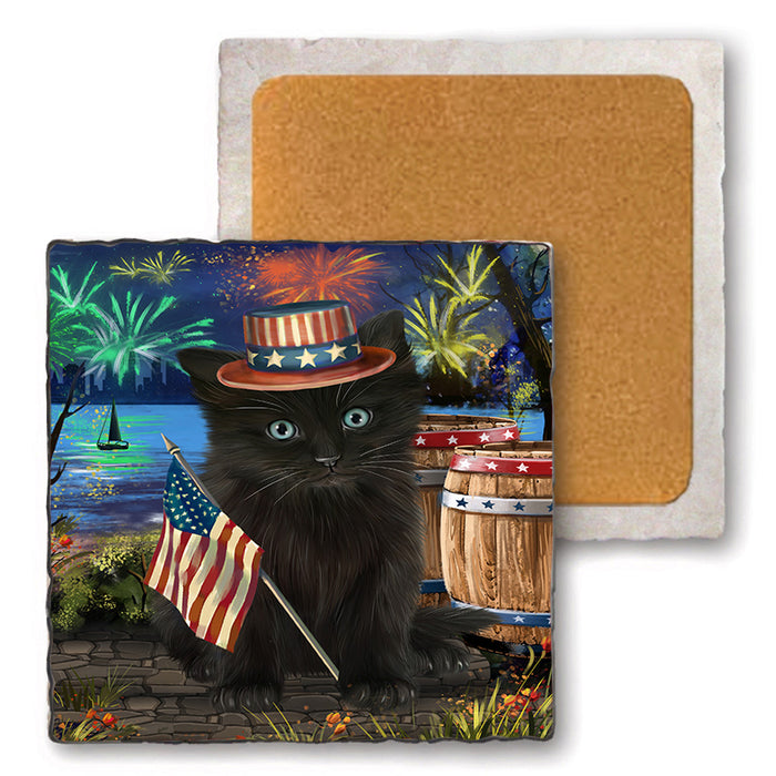 4th of July Independence Day Firework Black Cat Set of 4 Natural Stone Marble Tile Coasters MCST49041